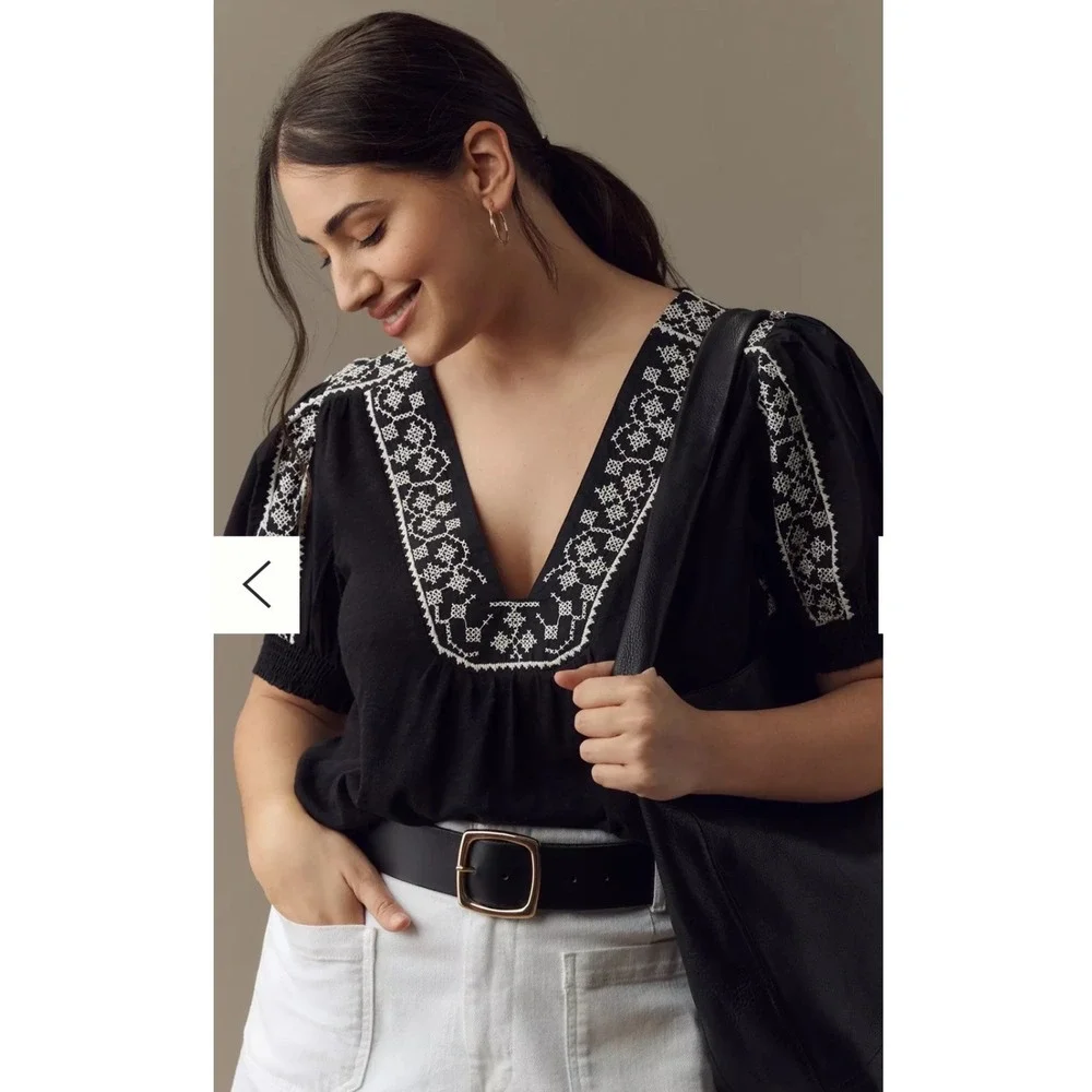 Anthropologie Embroidered Puff Sleeve V-Neck Smocked Top Black White Large